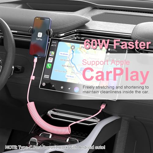 2-Pack Retractable Coiled USB-C to Lightning Charger Cable for i Phone – MFi Certified Fast Charging Solution for i Phone 14/13/12/11 SE/Xr & i Pad – 4 Ft Pink Car Play Cable for Uber and On-the-Go Syncing – Durable, Tangle-Free Design for Ultimate Portability and Efficiency