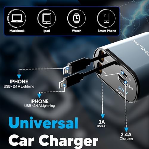Ultimate 4-in-1 Retractable Car Charger – 66 W High-Speed USB Adapter with 2.6 ft Cables for i Phone 15/14 Pro – Fast Charging, Tangle-Free Design, Dual USB Ports for Multiple Device Compatibility – Ideal Travel Companion for On-the-Go Charging