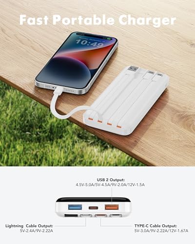 Charmast 20000 m Ah Travel Power Bank with 4 Integrated Charging Cables and 6 Output Ports, 20 W Fast Charging External Battery Pack for i Phone 16/15/14, Android Devices, i Pads, and Tablets – Ultimate On-the-Go Charging Solution for Seamless Connectivity and Reliability