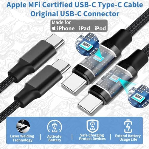 BAOYUANDA 72 W Dual Port USB-C Car Charger for i Phone 16 Series – MFi Certified Fast Charging Solution with 2 Durable Type C Cables for i Pad Pro, Android & More – Ultimate Compatibility for On-the-Go Power Management