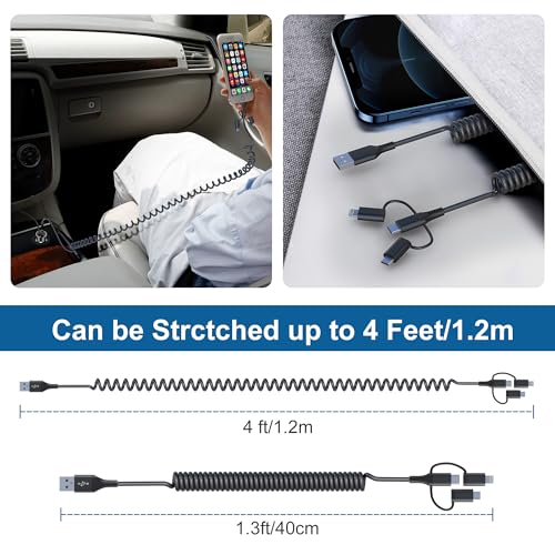 Versatile Coiled 3-in-1 Charging Cable: USB to Lightning, Type C, Micro USB – MFi Certified for Apple Carplay & Android Auto | Fast Charging & Data Sync for i Phone 16, 15, 14, 13 & Samsung Devices – Tangle-Free Travel Accessory