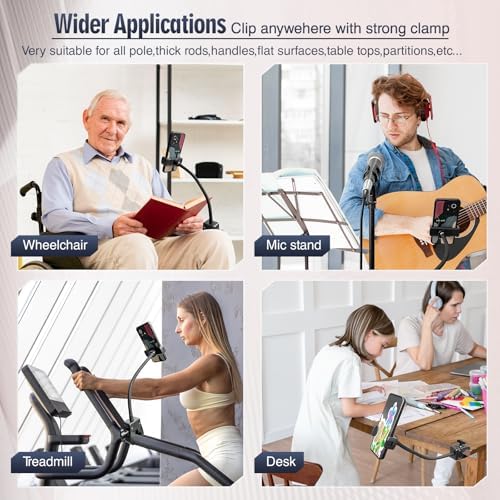 Versatile Adjustable Clip Phone Holder for Desk and Gym – Universal Mount for 4-7” Smartphones with Durable Aluminium Arm for Enhanced Convenience and Productivity – Perfect for Treadmills, Mic Stands, and Home Offices