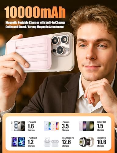 Essri 10000 m Ah Wireless Magnetic Power Bank – PD 22.5 W Fast Charging Portable Charger with Built-in Cable for Mag Safe i Phone 16/15/14/13/12 Series – Stylish Pink Design with Integrated Stand for On-the-Go Convenience and Seamless Power Solutions