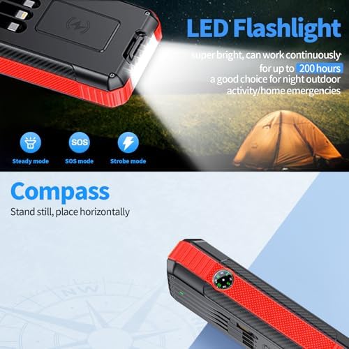 Ultimate Solar Power Bank – 33,800 m Ah Wireless Charger with 4 Built-in Cables & 7 Outputs, 22.5 W Fast Charging for Outdoor Adventures – LED Camping Lights, Weather-Resistant Design, Compatible with All Mobile Devices – Eco-Friendly Portable Charger in Red