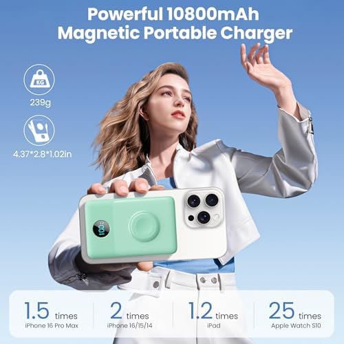 Ultimate 6-in-1 Magnetic Portable Charger, 10800 m Ah Power Bank for i Phone – Features Integrated Cables, Wireless Charging for Apple Watch, Smart LCD Display, and 25 W PD Fast Charging – Perfect Travel Accessory for All Devices with Enhanced Safety Features and Compatibility for i Phone 12 to 16 Series