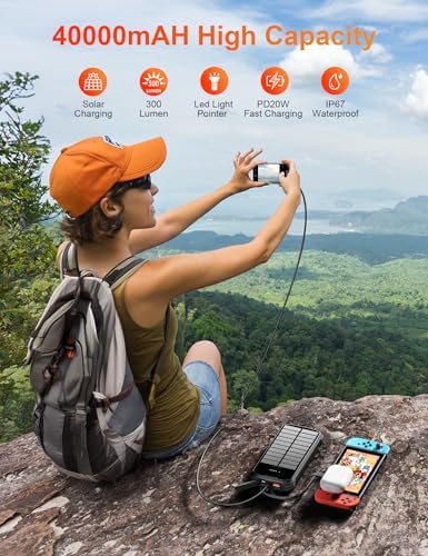 Ultimate 40000 m Ah Solar Power Bank – All-in-One Charging Solution with 20 W Fast Charge, Built-in 4 Cables, and Dual LED Flashlights for Outdoor Essentials – Waterproof, Durable Design for Universal Device Compatibility and Emergency Preparedness