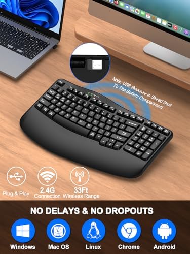Revolutionize Your Typing with the EDJO Ergonomic Wireless Keyboard – Comfortable Wave Keys & Integrated Wrist Rest for Natural Hand Positioning, 2.4 GHz Connectivity for PCs and Macs, Sleek Black Design Perfect for Home and Office Use – Ideal for Long Hours of Productive Work or Gaming Sessions