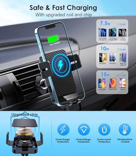 MOKPR 15 W Fast Wireless Car Charger – Auto-Clamping Phone Mount for i Phone 16/15/14/13/12/11 & Samsung Galaxy S23/S22/S21/S20 – Effortless One-Handed Operation, 360-Degree Rotation, Easy Air Vent Installation for Seamless Navigation & Charging on the Go