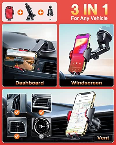 VANMASS Military-Grade Car Phone Holder – Maximum Durability for i Phone 16, 15 Pro Max, 14, 13 & Android Devices – Ultimate Dashboard, Windshield & Vent Mount with Secure Suction & Clip Mechanism for Safe Navigation – 360-Degree Adjustable Viewing for Effortless Access – Heavy-Duty Cell Cradle for Confident Driving
