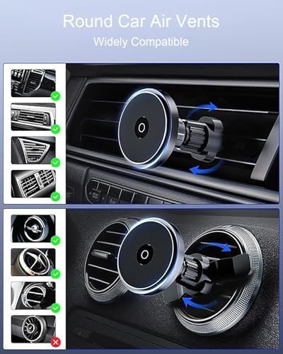 Magsafe Car Charger Mount，【Equipped with Round Air Vent Stabilizer】 Car Vent Phone Holder ，Magnetic Car Wireless Charger for iPhone 16 Pro Max/16/15/14/13/12，Black – Enhanced Compatibility and Speed