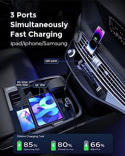 Experience Rapid Roadside Charging with SUNDA 120 W USB C Fast Car Charger – 4-Port Adapter Featuring Dual Type C PD60 W/PPS60 W for i Phone 16/15 Pro/Max/14 & Samsung Galaxy S24, Plus Dual USB-A 30 W QC3.0 for All Android Devices – Compact, Durable, and Universally Compatible for Effortless Multi-Device Charging on the Go