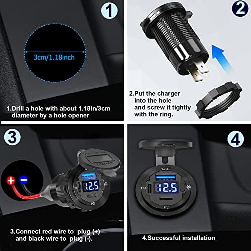 High-Speed Dual USB C Car Charger Socket 12 V Outlet – 2 Pack Aluminum Metal 78 W with 30 W PD & 18 W QC3.0 Ports, Waterproof LED Voltmeter & Power Switch for RVs, Motorcycles, and Marine Use – Ultimate Compatibility & Reliability for All Devices