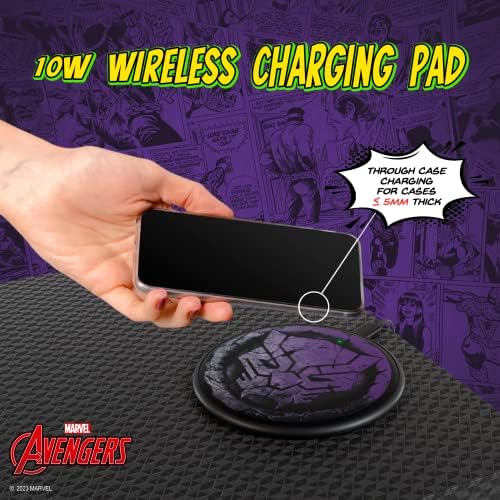 Marvel Avengers Black Panther 10 W Wireless Charging Pad – Sleek Qi-Compatible Station with LED Indicator for All Devices – Ultimate Gift for Marvel Fans and Black Panther Enthusiasts – Fast Charging and Stylish Design for Home or Travel Use – Official Marvel Merchandise