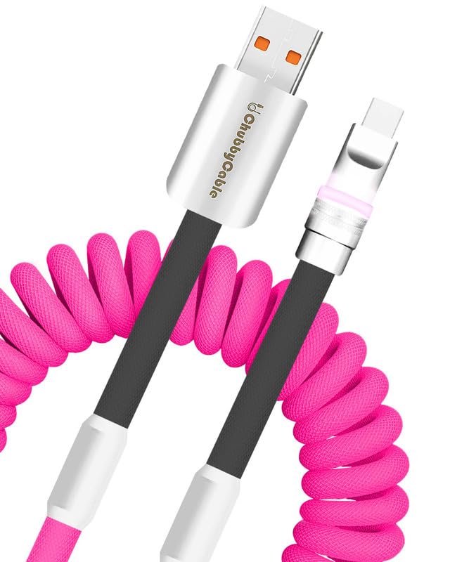 Neon Chubby Spiral Charge Cable – Vibrant 2.29-3.6 FT Type-C Coiled Charger for USB-C and Carplay Devices, Fast Sync and Charge, Tangle-Free Design in Bold Purple and Light Green, Perfect for Smartphones and Tablets