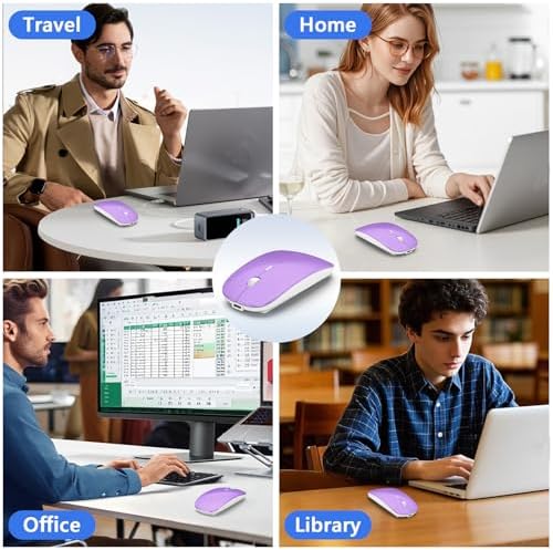 Versatile Wireless Bluetooth Mouse for Mac Book Air, Mac Pro, & i Pad – Sleek Rechargeable Silent Mouse with Dual Connectivity (USB-C & 2.4 G) – Travel-Friendly Jiggler Mice Mover in Stylish Purple – Perfect for Professionals & On-the-Go Users