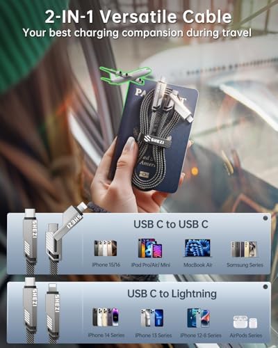 SHEZI 2-in-1 USB C and Lightning Charging Cable – 180 W Fast Charging Solution with 480 Mbps Data Sync – Durable 5 FT Flat Nylon Braided Design for i Phone, i Pad, Samsung and More – Universal Compatibility for Effortless Connectivity