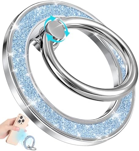 Glamorous Blue Glitter Mag Safe Phone Ring Holder – Stylish Magnetic Grip for i Phone 16, 15, 14, 13 Pro Max & Plus – Secure Finger Stand for Enhanced Control and Protection – Effortless Attachment and Detachment for Fashion-Forward Users