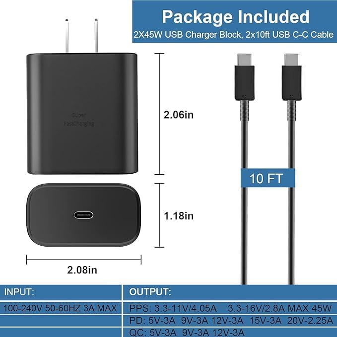 High-Power 45 W Type C Fast Charger with 10 Ft Cable for Samsung Galaxy and i Phone – Ultimate Speed and Compatibility for Modern Devices, Compact and Durable Design for Everyday Use