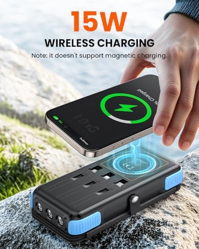 Ultimate SOARAISE 25000 m Ah Solar Power Bank: Fast Wireless Charging with Built-in Cables, Dual USB Outputs, 4 Solar Panels & Triple LED Flashlights for Outdoor Adventures – Reliable Portable Charger for Camping & Emergencies