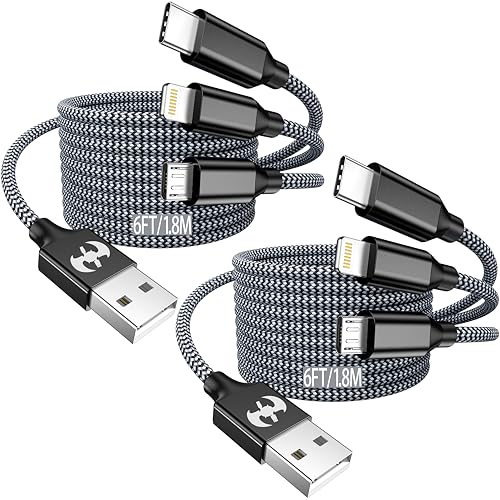 Versatile 6 ft 2 Pack Multi Charging Cable – 3-in-1 USB Fast Charger with Lightning, Type-C & Micro USB Connectors – Apple MFi Certified Nylon Braided Design for Enhanced Durability & Compatibility with All Devices – Streamline Your Charging Experience Today!