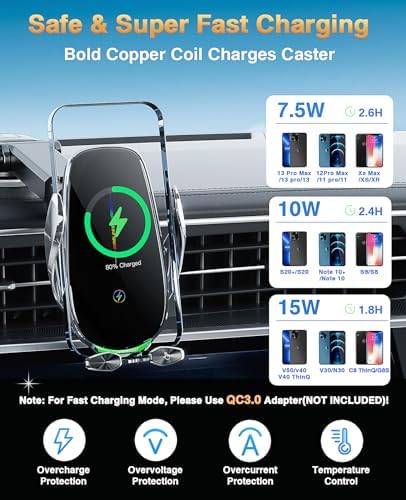 15 W Fast Wireless Car Charger with Auto-Clamping Technology – Ultimate Qi-Compatible Charging Mount for i Phone 15, 14, 13, 12, 11 Pro Max, Samsung Galaxy S23, S22, S21, S20, S10+, S9+, Note 9 – Secure and Convenient Power Delivery for All Road Trips