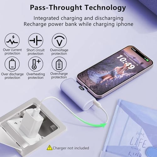 LUCKYDUO Ultra-Compact 5000 m Ah Portable Power Bank with Built-In Phone Holder & LED Light for i Phone – Essential Travel Charger with LCD Battery Indicator, Compatible with i Phone 14/13/12/11/XR/SE/8/7 Pro Max – Stay Charged Anywhere