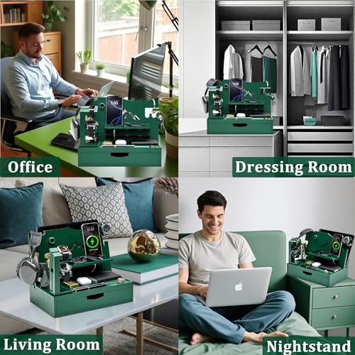 Nightstand Organizer for Men with Large Drawer, Birthday Gifts for Men, Phone Docking Station, Bedside Organizer for Nightstand for Apple Watch, Laptop (Brown, Solid Wood) – Enhanced Compatibility and Speed