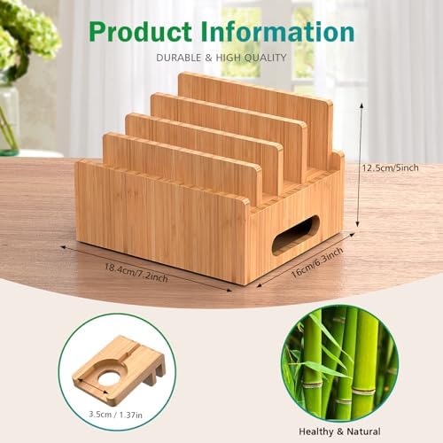 Eco-Friendly Bamboo Charging Station: Multi-Device Organizer with 5 USB Ports, Smartwatch & Earbuds Stand – Ultimate Desk Dock for Cell Phones and Tablets, Enhanced Speed & Compatibility