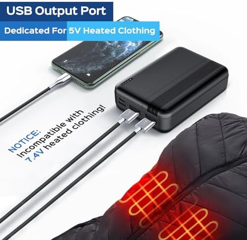 Ultimate 10,000 m Ah Heated Vest Battery Pack – 5 V/2 A Power Bank for Electric Jackets, Coats, and Hoodies – Lightweight USB Charger for All-Day Warmth in Winter Activities – Enhanced Compatibility (Excludes 7.4 V Heated Gear) – Perfect for Outdoor Enthusiasts