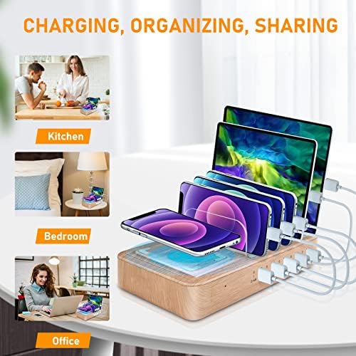 Advanced 2025 Multi-Device Wireless Charging Station: Ultimate USB Charging Dock for Seamless Apple and Android Compatibility, Family-Friendly Organizer with Six Fast-Charge Cables, Stylish Design for Home or Office, Smart Charging Technology for Efficient Power Management