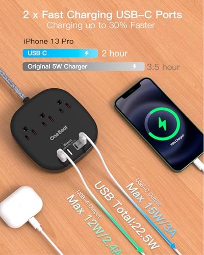 10 Ft Flat Plug Power Strip with 3 AC Outlets & 4 USB Ports, Ideal Desktop Charging Station for Cruise Ships & Dorms – Compact Design & Fast Charging for Multi-Device Use