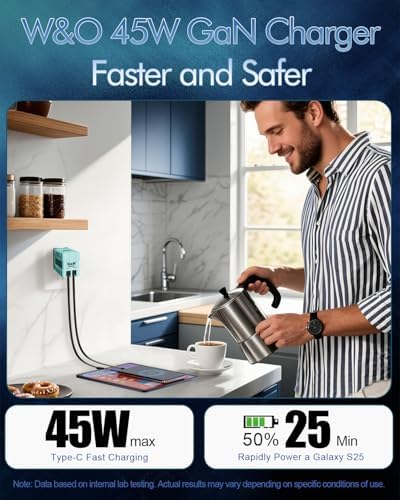 Revolutionize Your Charging Experience with the W&O 45 W Ga N Dual Device Fast Charging Wall Charger – Ultra-Compact with Retractable Lightning & Type-C Cables for i Phone 16/15/14/13/12/11, Galaxy S25/24, and All Android Devices – Perfect Travel Companion for Enhanced Speed, Versatility, and Portability