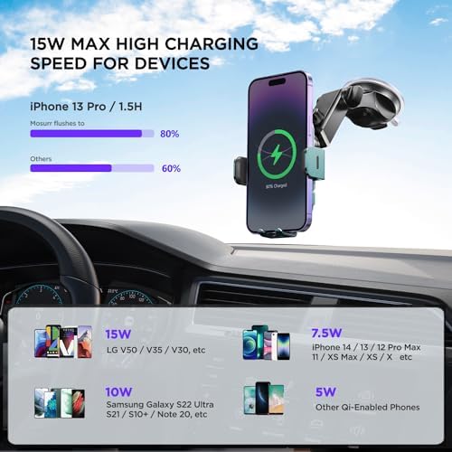High-Speed Wireless Car Charger with Auto-Clamping Phone Mount and RGB Backlight – 15 W Qi-Compatible Charging for i Phone 15, 14, 13, 12 Mini, Pro Max, 11, XR, X, Samsung Galaxy S23 Ultra, S22, S21+ – Sleek Silver Design for Enhanced Aesthetics and Safety on the Road