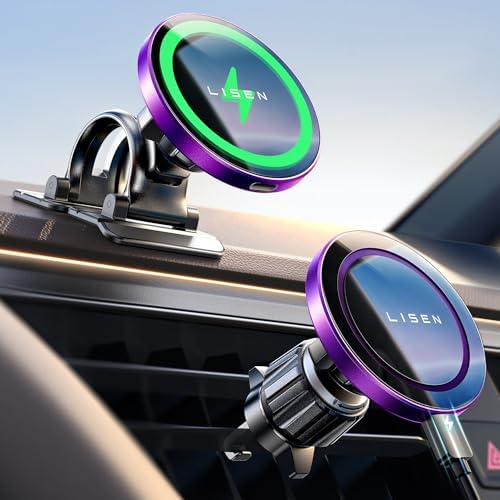 LISEN 15 W Mag Safe Wireless Car Charger – Powerful Magnetic i Phone Mount for Seamless Charging on the Go – Compatible with i Phone 15, 14, 13, 12 – Stylish Dark Purple Design with 360-Degree Adjustable Viewing Angle – Fast Charging Accessory for Effortless Navigation and Hands-Free Use