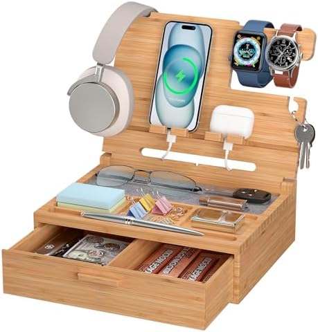 Pezin & Hulin Wooden Nightstand Organizer, Ideal Gifts for Men, Desktop Bamboo Phone Docking Station Box, with Large Drawer, Multi-Device Charging Stand, for Birthday Son Boyfriend Him -Natural – Enhanced Compatibility and Speed