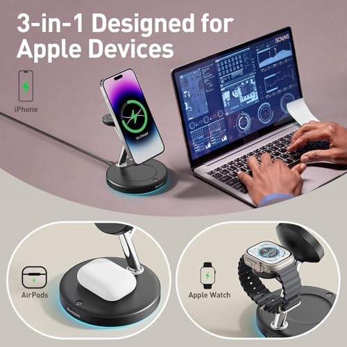 2025 Premium 3-in-1 Wireless Charging Station for i Phone 16, 15, 14, 13, 12 – Mag-Safe Compatible Charger Stand for Air Pods and i Watch – Fast, Efficient Power Hub with Sleek Design and Overcharge Protection for Home or Travel