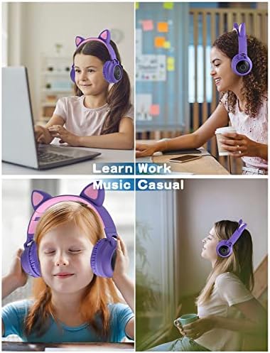 Vibrant Cat Ear Wireless Bluetooth Headphones for Kids and Teens – Fun LED Light-Up Design, Foldable Portability for Travel and Gaming – Superior Comfort for Long Listening Sessions on i Pads and Smartphones (Purple)