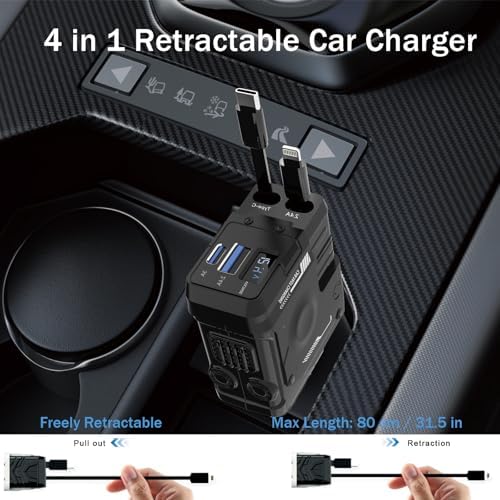 4-in-1 Retractable Car Charger with 66 W Fast Charging – Dual Retractable Cables & USB-C/USB-A Ports for i Phone 16/15/14/13/12/11, Samsung Galaxy, Pixel – Sleek White Design for Ultimate Travel Convenience and Device Compatibility