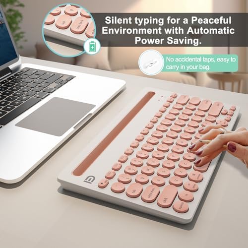 SADES Retro Wireless Bluetooth Keyboard for Mac, i Pad, i Phone, PC & Android – Multi-Device Connectivity & Portable Design with Vintage Round Keycaps – Perfect for Effortless Typing on the Go in Chic Pink
