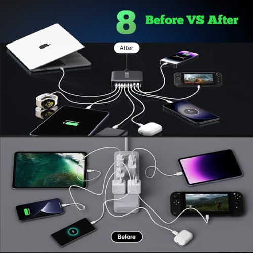 Ultimate 350 W Ga N USB C Charging Station Hub – 8-Port Fast Charger for Smartphones, Tablets, and Laptops | PD100 W & 65 W Outputs | Universal Compatibility with Samsung, i Phone, Google, Mac Book Pro/Air | Compact Design for Home & Office Use | Enhanced Energy Efficiency