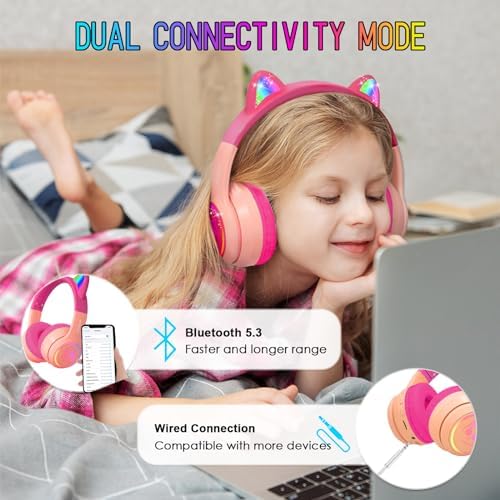 IFECCO Wireless Kids Bluetooth Cat Ear Headphones – Fun Light-Up Design with Volume Limiting Feature, Built-in Microphone, and Foldable Portability for Travel and Learning – Ultimate Gift for Young Music Enthusiasts