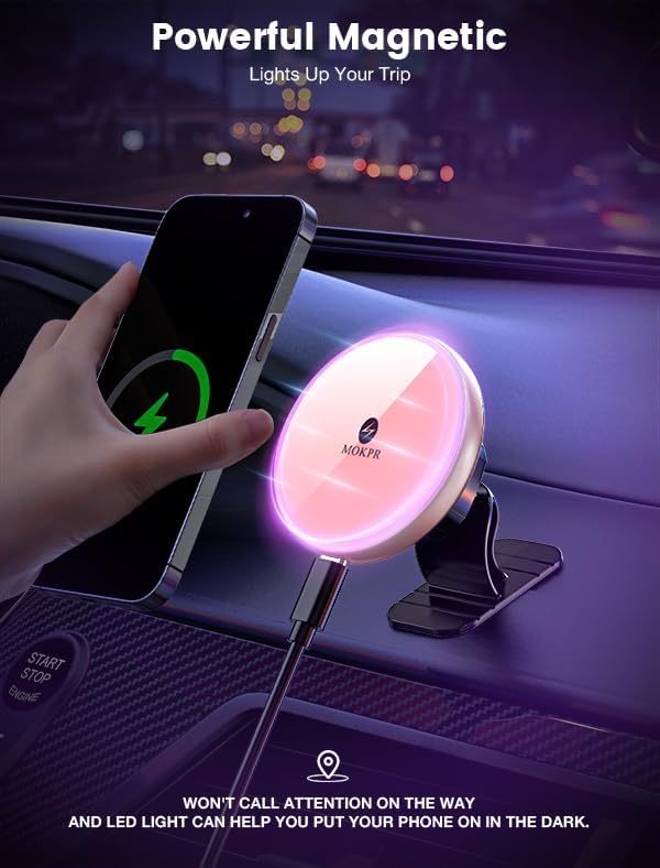 MOKPR 15 W Mag Safe Car Charger & Magnetic Phone Holder – Effortless Fast Wireless Charging with Dynamic LED RGB Lighting for i Phone 15/14/13/12 Series – Stylish Dash & Air Vent Mount for Enhanced Driving Experience and Convenient Accessibility