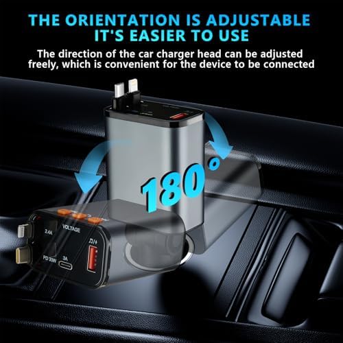 Revamp Your Drive with the 5-in-1 Retractable Car Charger: 60 W Fast Charging, Bluetooth 5.3 FM Transmitter, Hands-Free Calling & Integrated MP3 Player – Dual Retractable Cables & USB Ports for Ultimate Connectivity (Purple) – Elevate Your Mobile Experience on the Go!