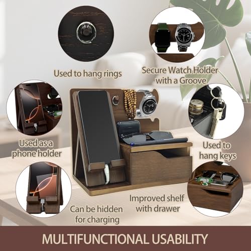 Sleek 3-in-1 Wood Phone Docking Station with Hidden Charging Hole & Drawer – Multifunctional Organizer for Phones, Keys, Glasses & Accessories, Ideal Men’s Desk Solution (Brown) – Premium Quality & Enhanced Compatibility