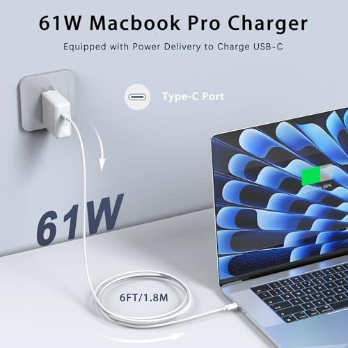 EDRF 61 W USB-C Fast Charger for Mac Book Pro & Air – High-Efficiency Power Adapter with Type-C Cable for 12/13/14-Inch Models – Compact & Lightweight Design for Professionals and Students – Safe Charging with Overheat Protection