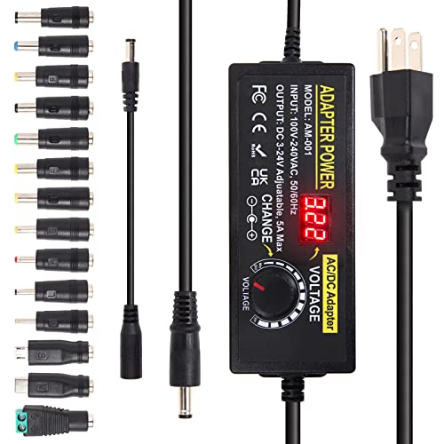 Versatile AOYADAISU 120 W Adjustable DC Power Supply with 14 Tips & Polarity Converter – Perfect for Fast Charging LED Strip Lights, Cameras, and More – 3 V-24 V Output with 5 A Maximum Current for Ultimate Compatibility and Performance