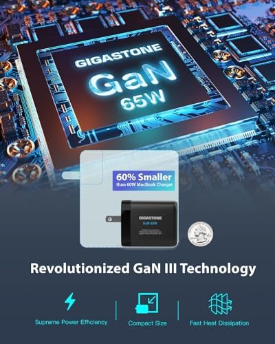 Gigastone 65 W Ga N Dual Port USB C & A Charger – Intelligent Power Allocation for Rapid Charging of Mac Book Air/Pro, Dell XPS, i Pad, i Phone 15/16, Galaxy S24 – Compact Travel Charger with Foldable Plug for Ultimate Portability