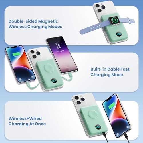 Ultimate 6-in-1 Magnetic Portable Charger, 10800 m Ah Power Bank for i Phone – Features Integrated Cables, Wireless Charging for Apple Watch, Smart LCD Display, and 25 W PD Fast Charging – Perfect Travel Accessory for All Devices with Enhanced Safety Features and Compatibility for i Phone 12 to 16 Series