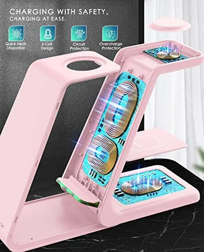 Sleek Pink 3-in-1 Wireless Charging Station: Fast Desk Charger for i Phone 16/15/14/13/12 Pro Max, Apple Watch Series 10-3, and Air Pods 4/3/2 Pro – Enhanced Compatibility & Space-Saving Design for Effortless Charging Efficiency
