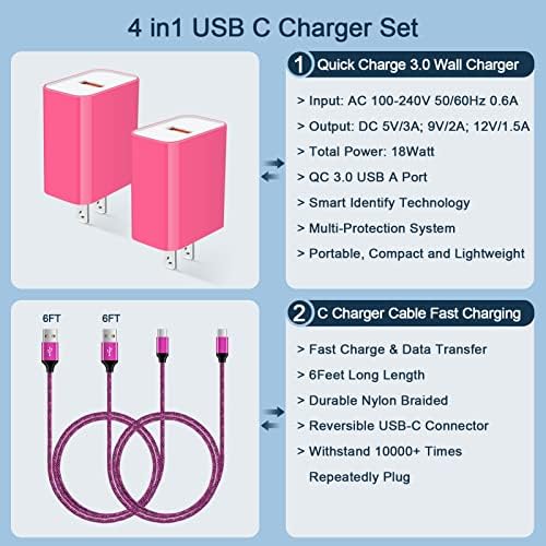 Rapid 18 W Quick Charge 3.0 Wall Charger for LG Devices – Ultra-Fast USB C Charging Solution with Two 6 FT Cables for Stylo, V, G Series, and Velvet – Compact, Safe, and Perfect for On-the-Go Power Needs